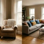 Gemütliches Wohnzimmer mit Einzelsessel und großem Sofa zeigt private und gemeinschaftliche Bereiche in Wohnpflegeeinrichtung