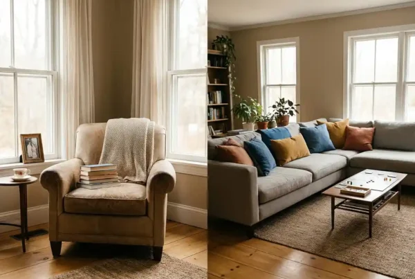Gemütliches Wohnzimmer mit Einzelsessel und großem Sofa zeigt private und gemeinschaftliche Bereiche in Wohnpflegeeinrichtung