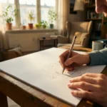 Junge Hände halten bunten Bleistift und skizzieren auf weißem Papier an Holzschreibtisch bei warmem Sonnenlicht