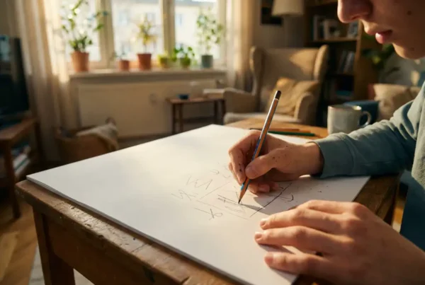 Junge Hände halten bunten Bleistift und skizzieren auf weißem Papier an Holzschreibtisch bei warmem Sonnenlicht