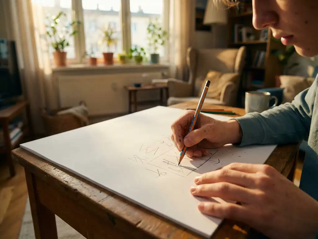Junge Hände halten bunten Bleistift und skizzieren auf weißem Papier an Holzschreibtisch bei warmem Sonnenlicht
