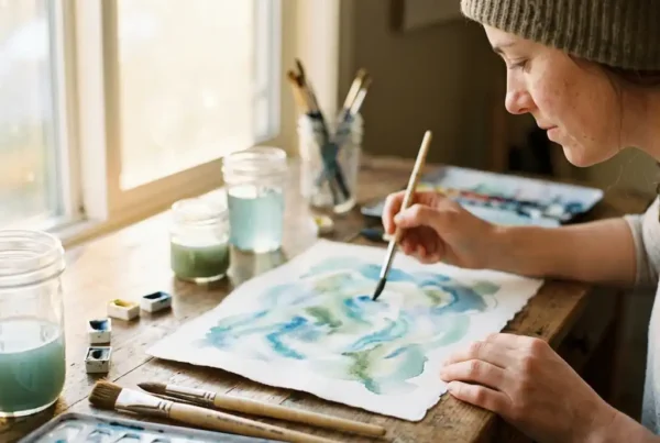 Person malt mit Aquarellfarben abstrakte Formen in Blau und Grün auf Papier, Pinsel und Farben im warmen Licht verstreut